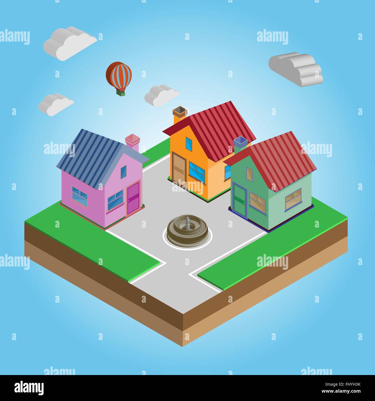Isometric Houses On A Street Flying Balloon In The Sky With