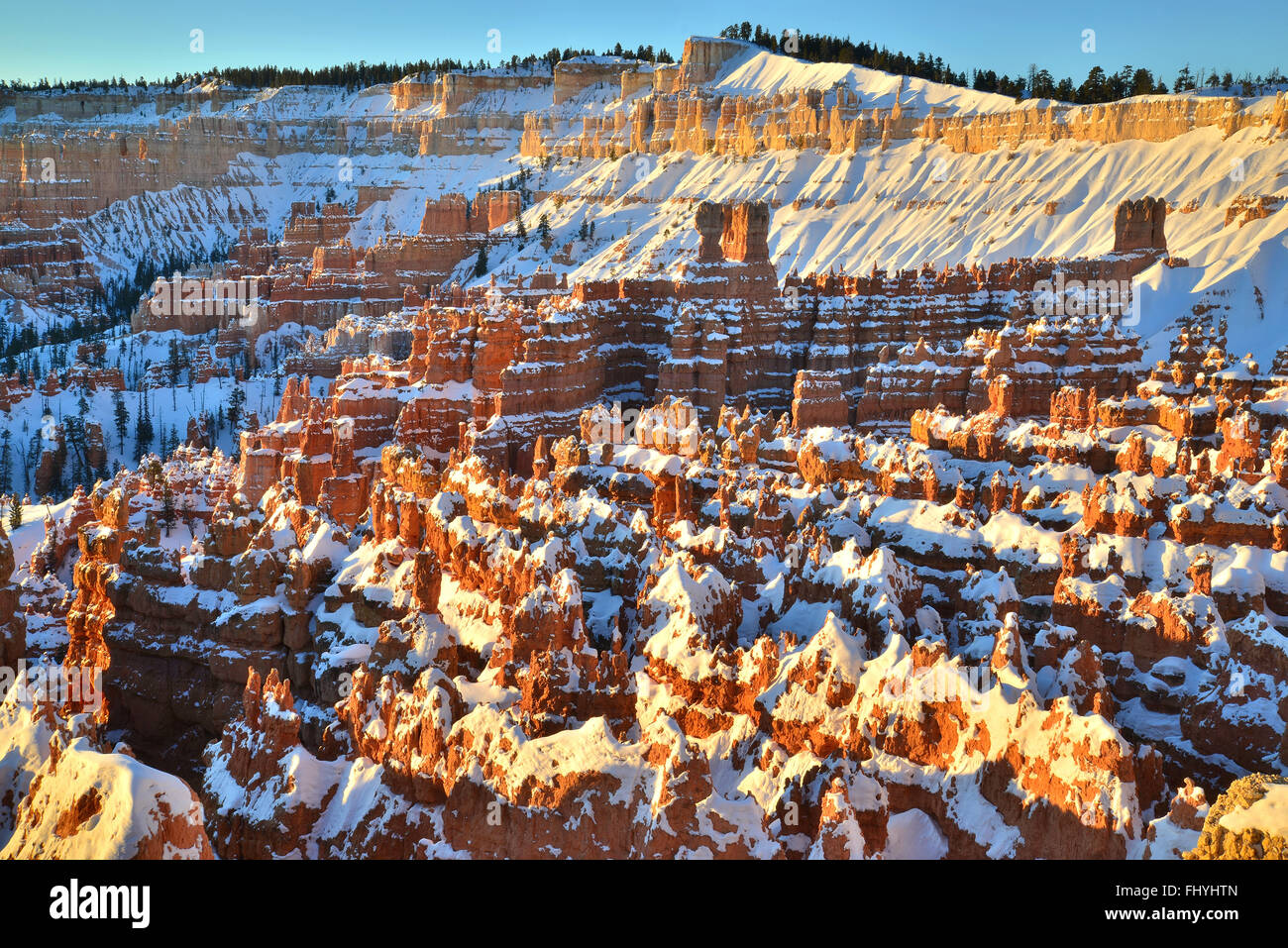 Morning sun on snow covered hoodoos in Bryce Canyon National Park in southwest Utah seen from the Rim Trail near Sunset Point. Stock Photo