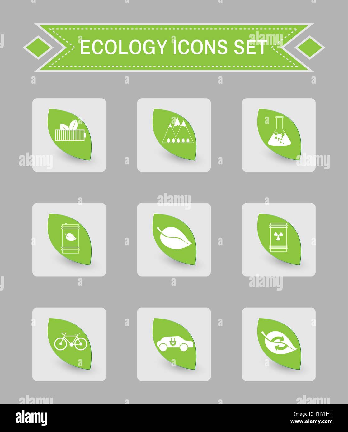 Green ecology logo isolated on gray square buttons. Digital background vector icon set. Stock Vector