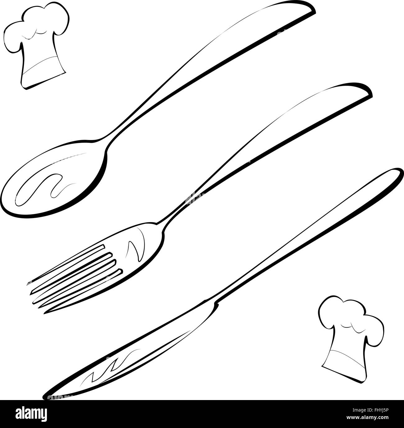 Cutlery, fork, knife, spoon, chef hat doodles, line art. Digital vector illustration isolated on white. Stock Vector