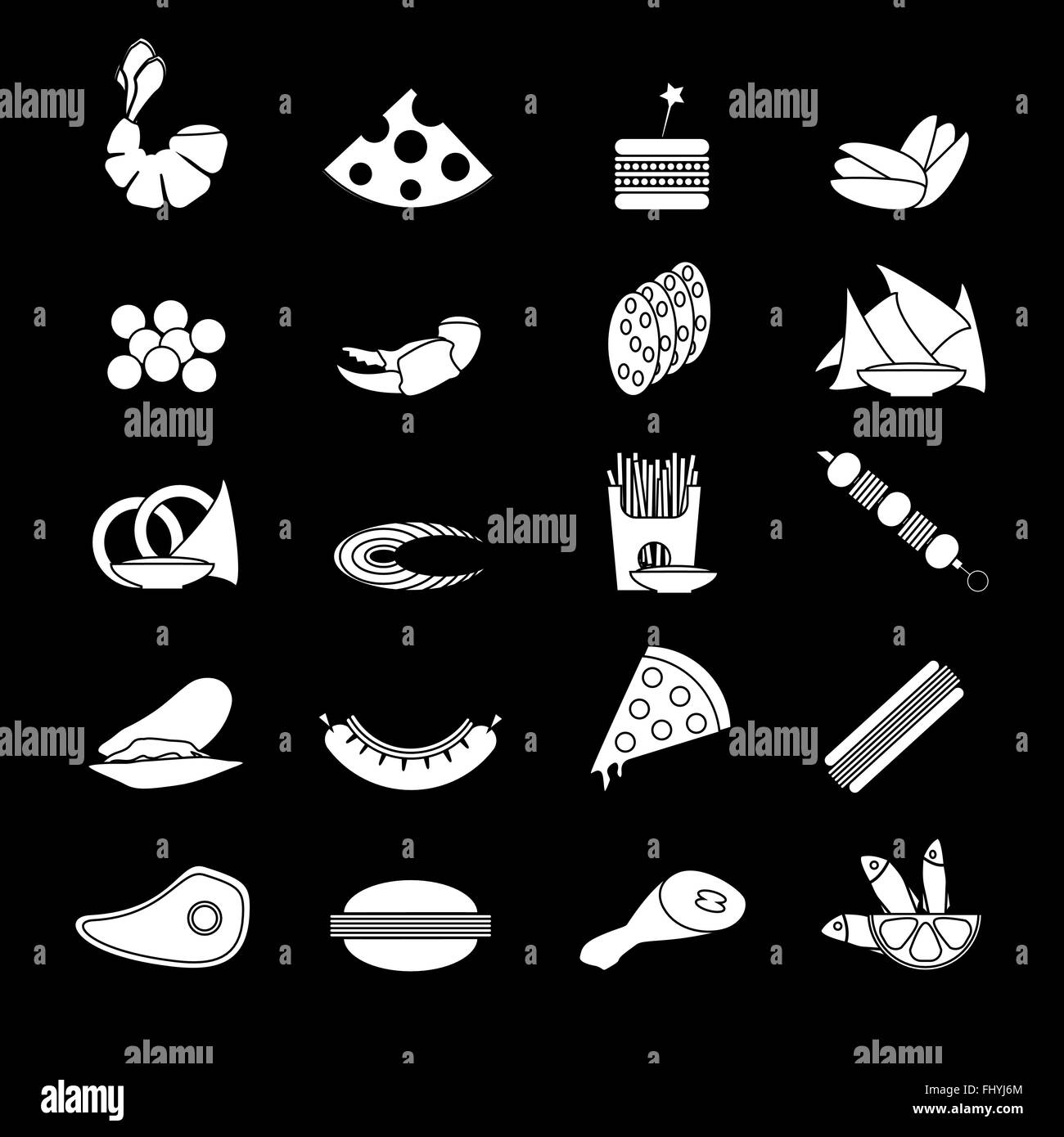 Black and white different food snacks. Digital background vector illustration. Stock Vector