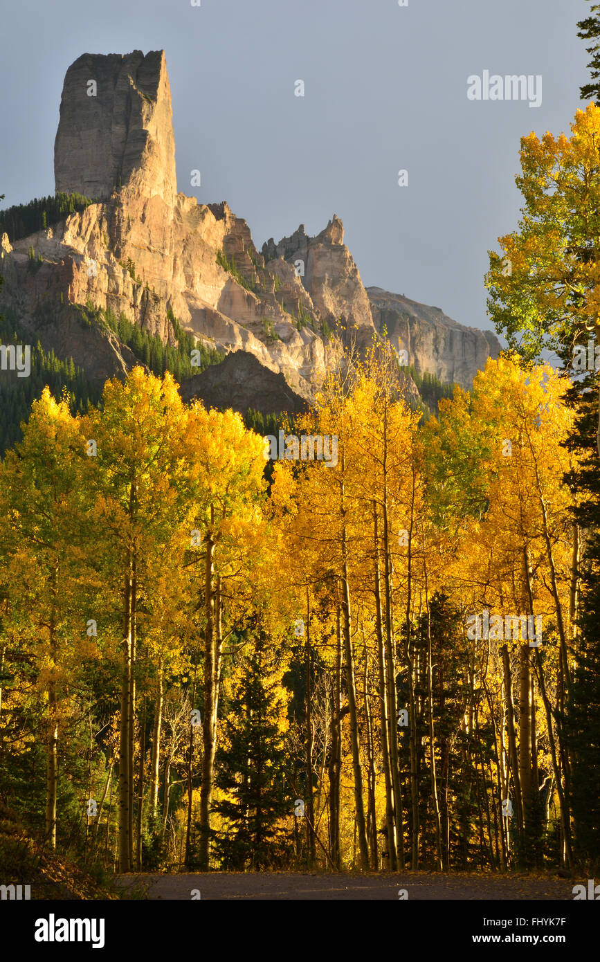 Fall color views along Forest Road 858 to Owl Creek Pass about 20 miles west of Ridgway, Colorado, and in Big Cimarron Stock Photo
