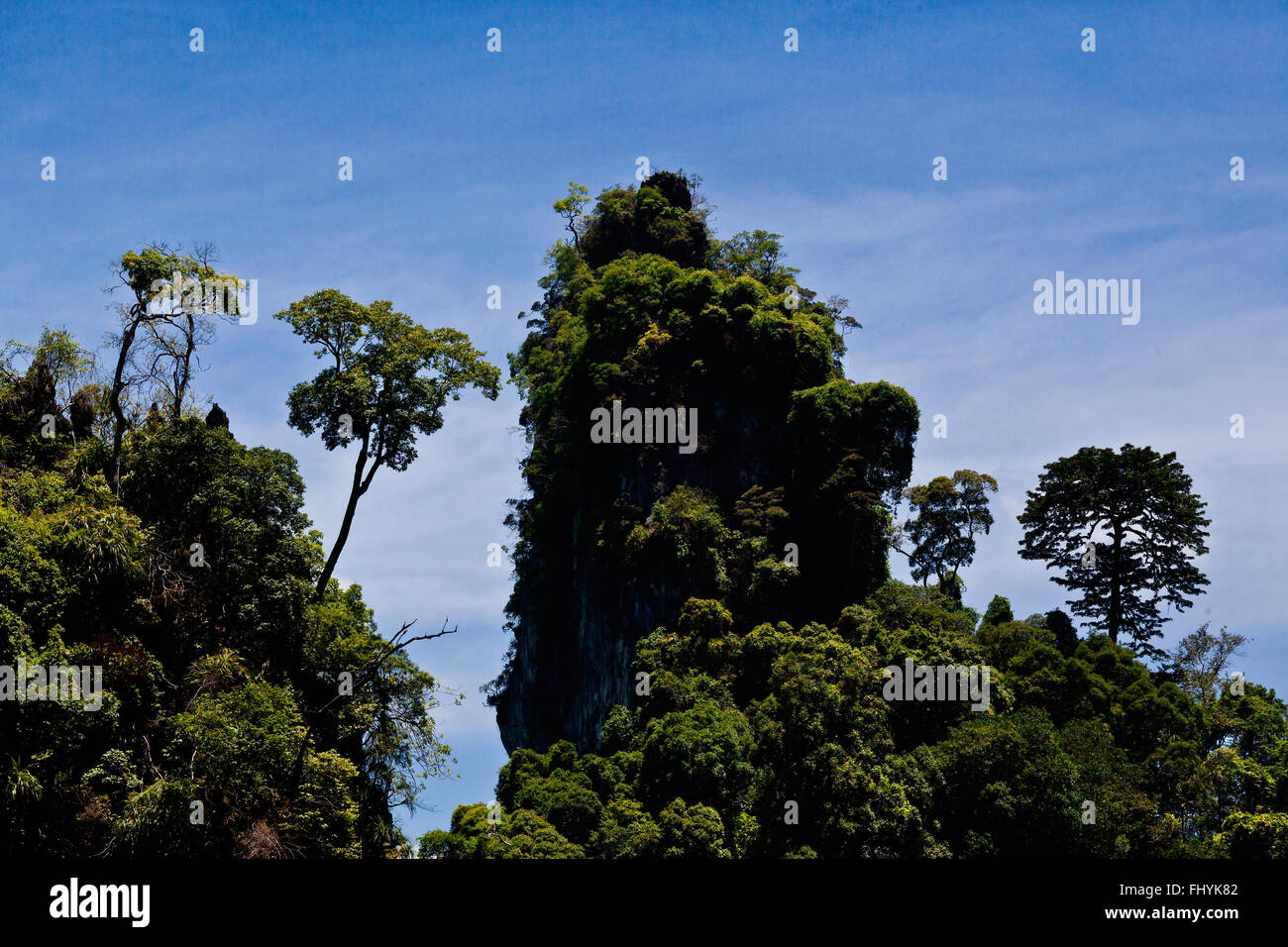 KARST FORMATIONS covered with tropical jungle at CHEOW EN LAKE in the KHAO SOK NATIONAL PARK - THAILAND Stock Photo