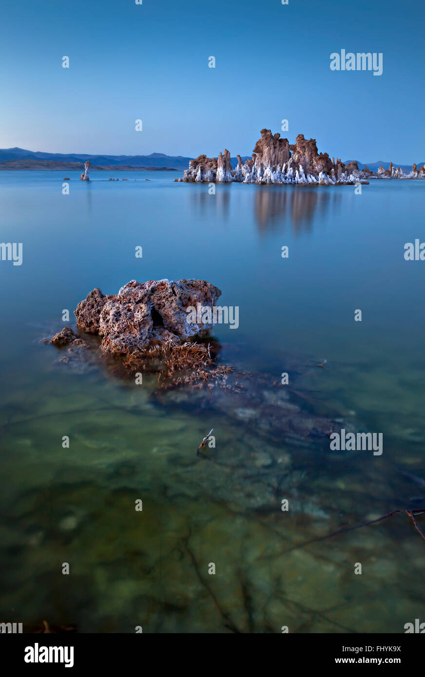 Mono Lake / Salty tufa towers of Mono Lake in a clear sky during blue