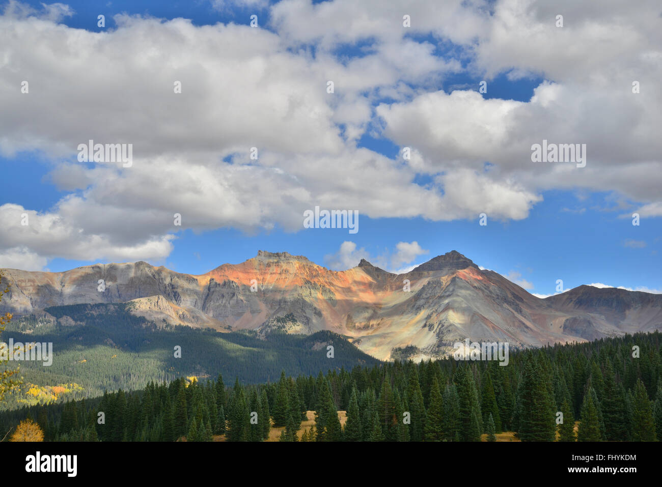 Yellow Mountain and Vermillion Peak above Trout Lake along HWY 145 near Lizard Head Pass south of Telluride, Colorado Stock Photo