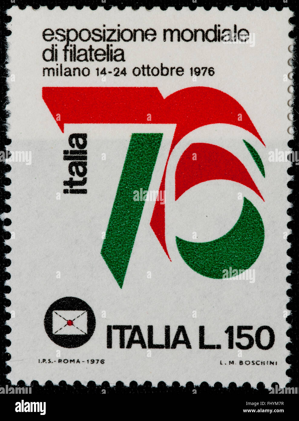 1976 - Italian mint stamp issued for celebrate the Worldwide philately expo. Lire 150 Stock Photo