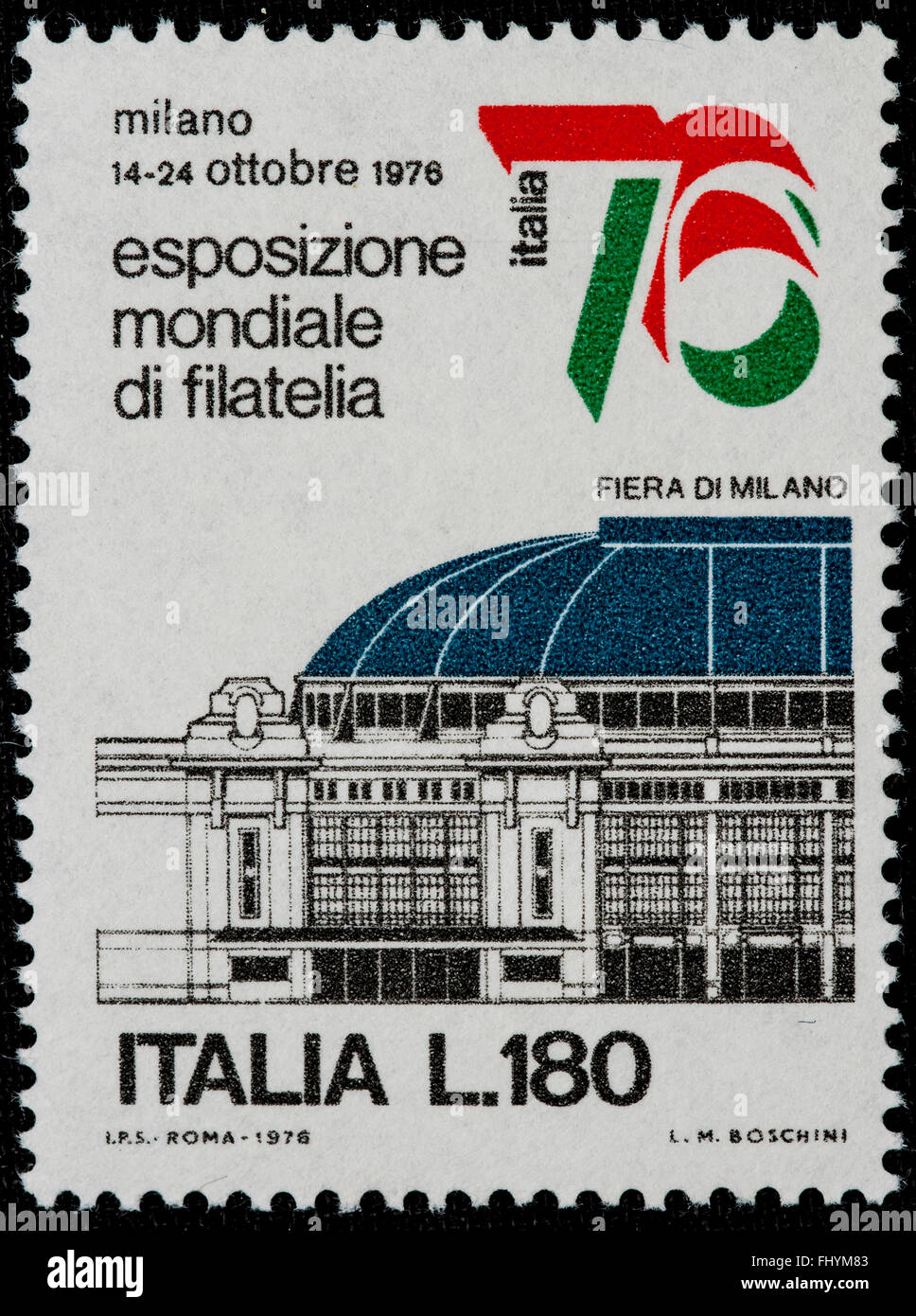 1976 - Italian mint stamp issued for celebrate the Worldwide philately expo. Lire 180 Stock Photo