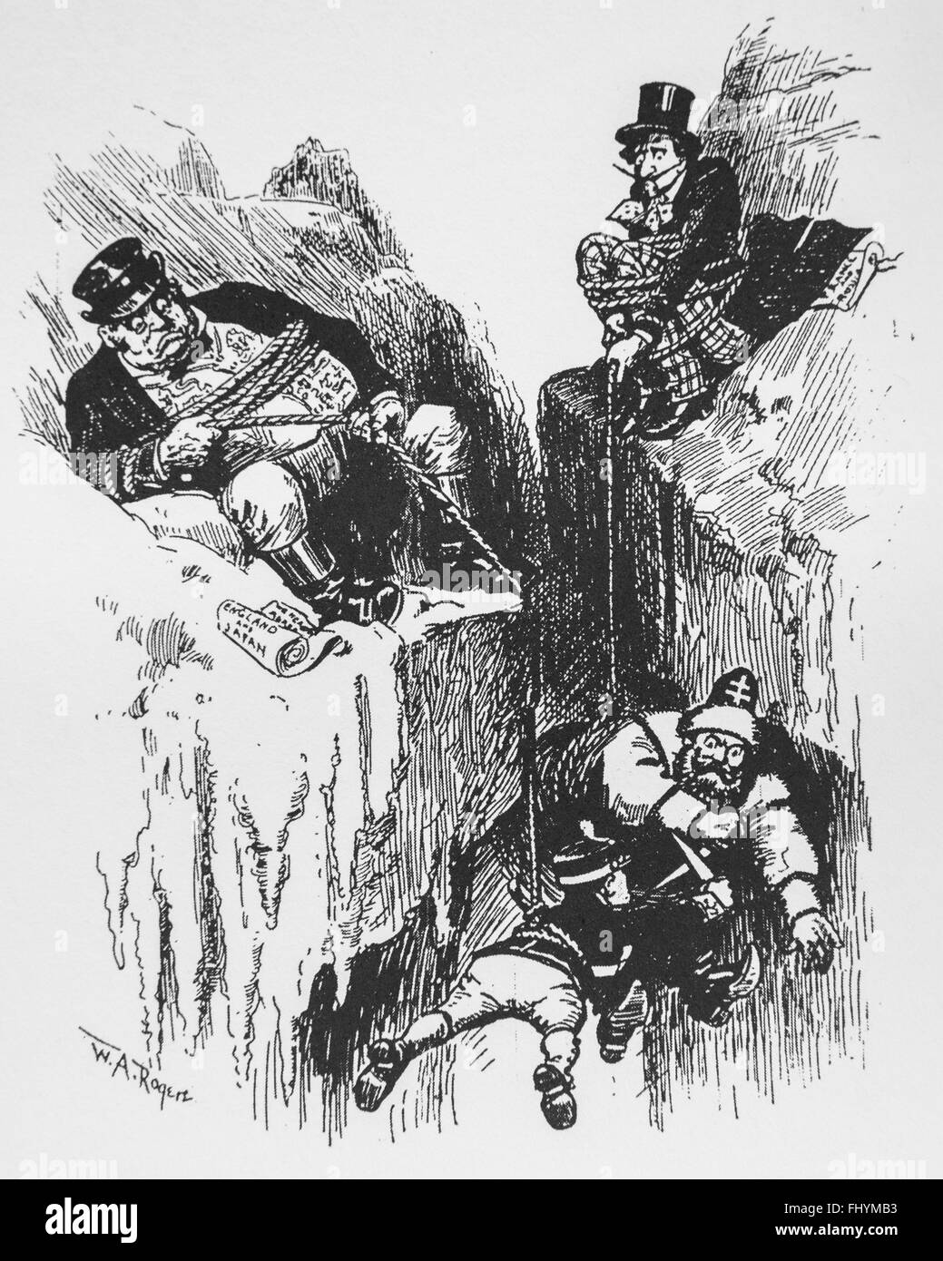 Caricature of Russo-Japanese War . Support of Anglo-Japanese Alliance and Franco-Russian Alliance 1904. UK and France are supporting their allied nations. Documents beside their are treaty. But they don't want to fight directly. by William Allen Rogers, published in Harper's Weekly,  March 12, 1904. Stock Photo