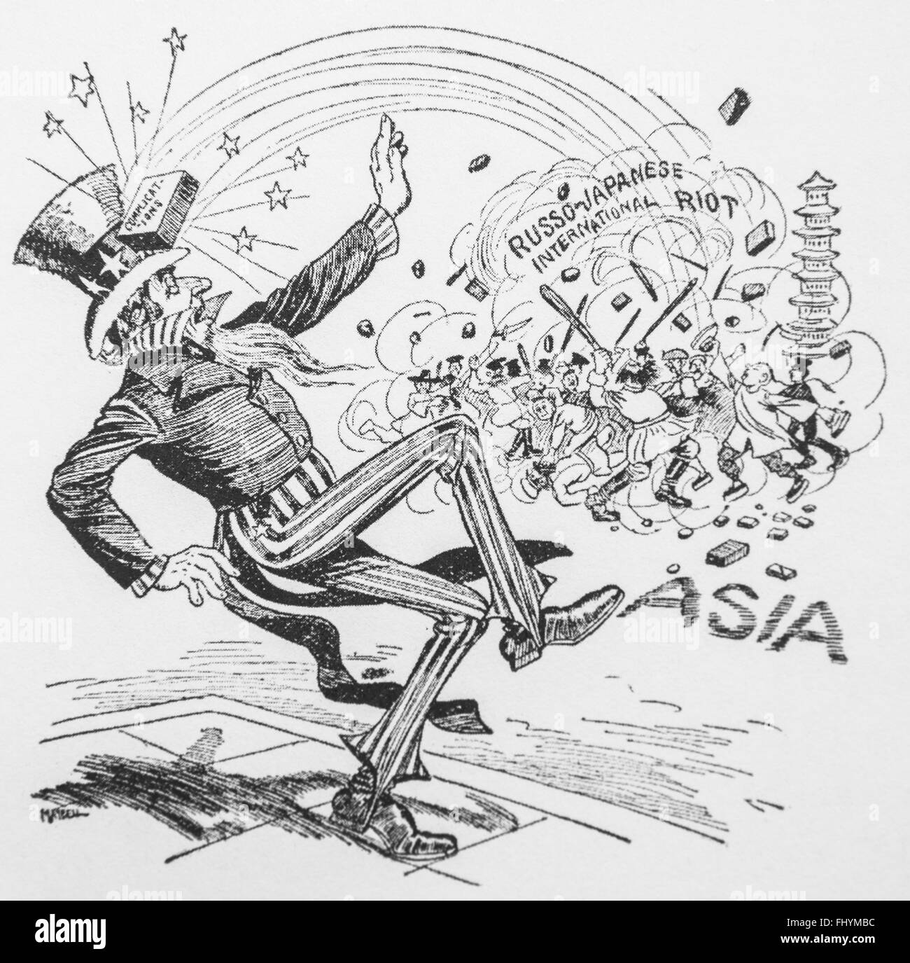 Caricature of Russo-Japanese War . Stock Photo