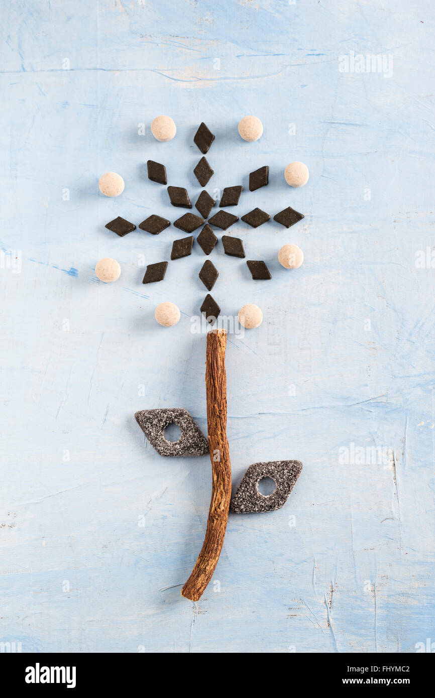 Flower made of licorice root and licorice products Stock Photo Alamy