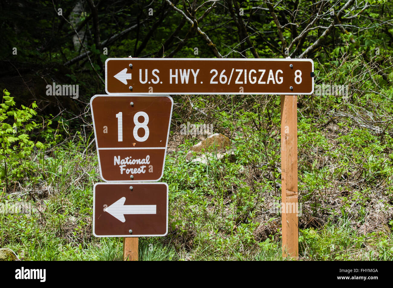Road sign for US 26 at Lolo Pass crest, Mt Hood National Forest Stock