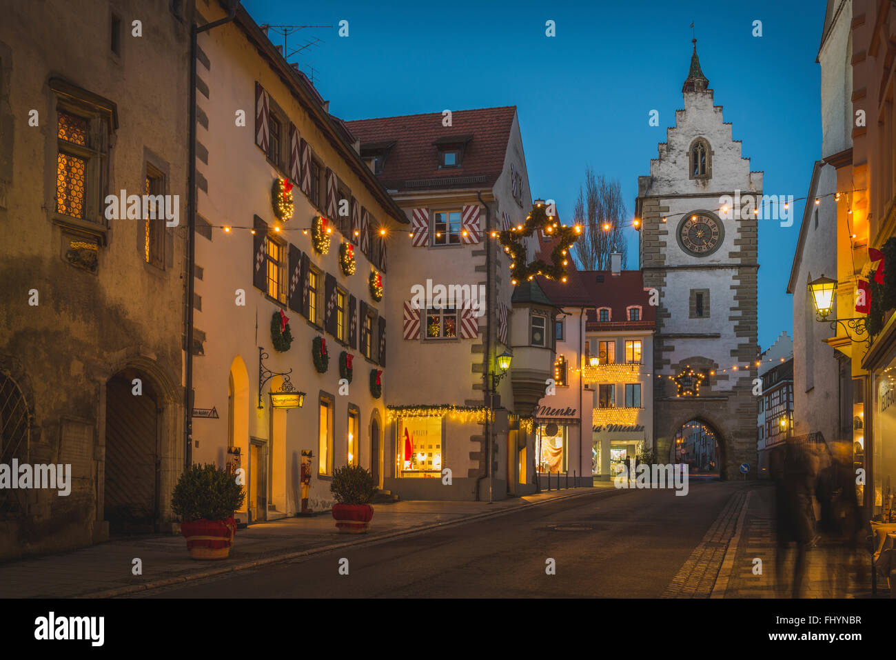 Germany, Ueberlingen, Christmas illumination in Franziskanerstrasse with Franziskanertor Stock Photo