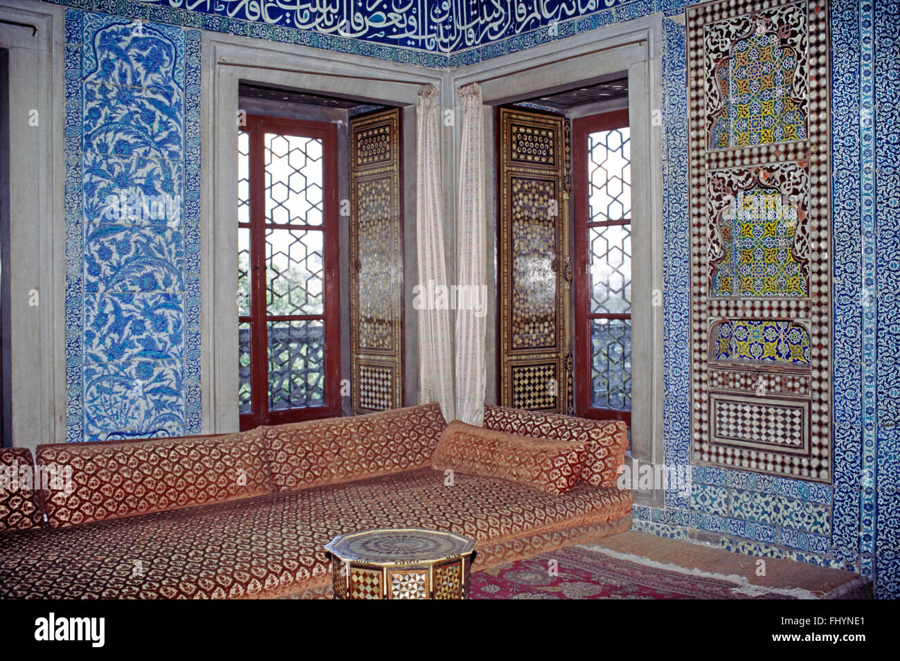 Interior of beautiful sitting room which overlooks the Bosphorous - Topkapi Palace, Istanbul, Turkey Stock Photo