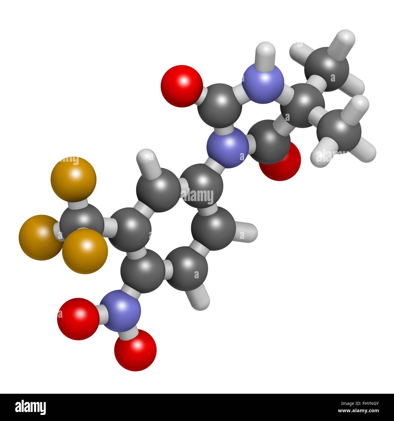 Nilutamide prostate cancer drug molecule (antiandrogen) Atoms are