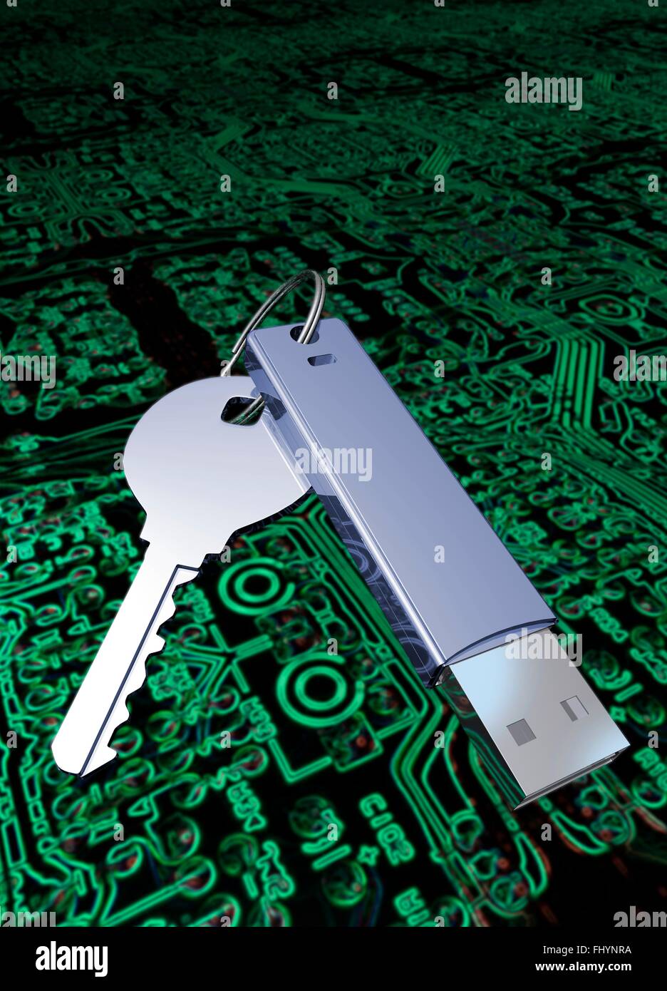 Key with a USB (universal serial bus) device and circuit board. Stock Photo