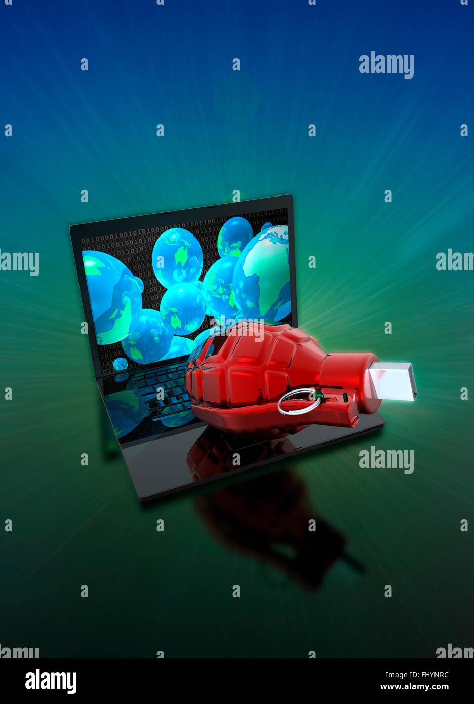 Laptop with grenade and usb device, illustration. Stock Photo