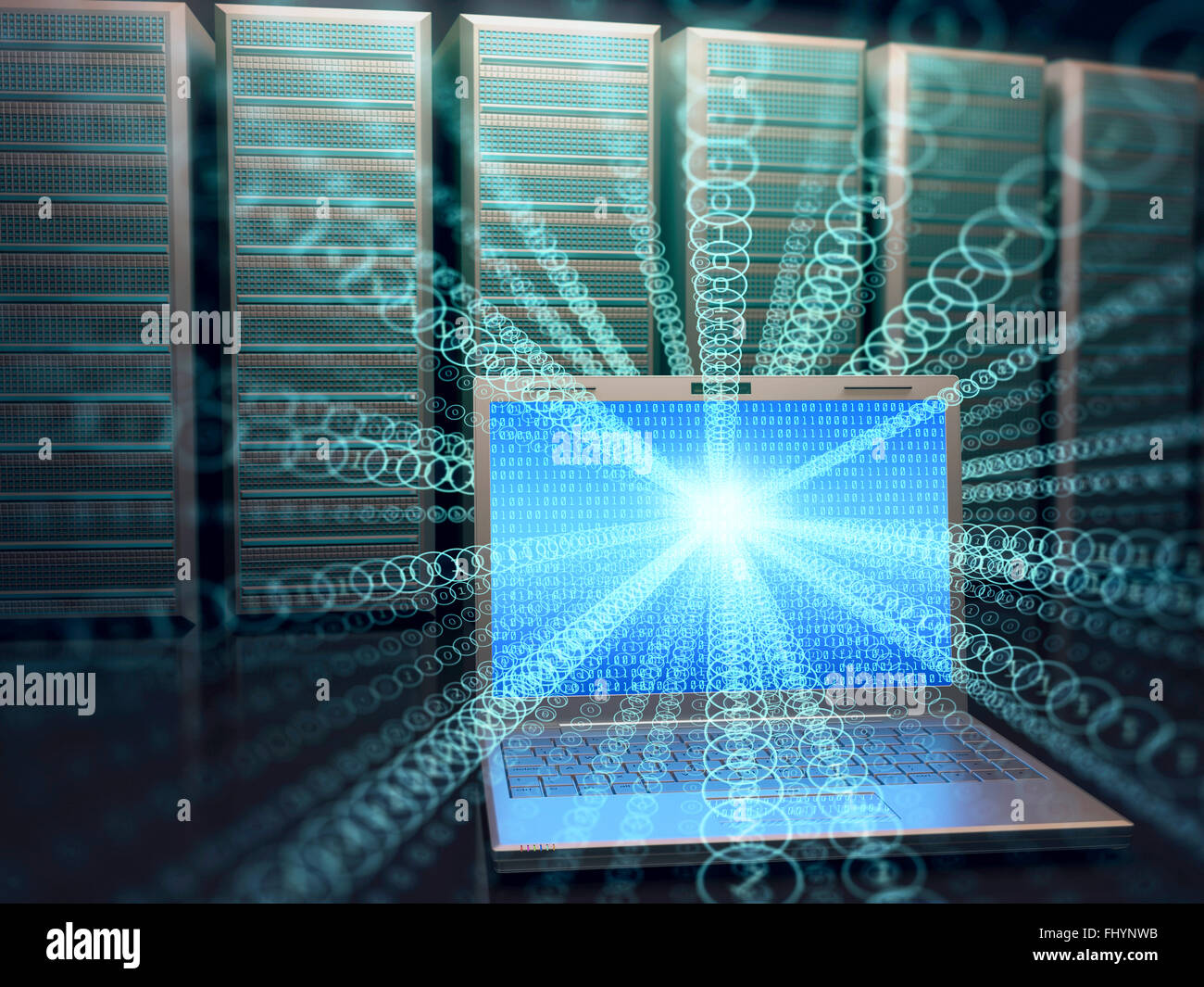 Laptop computer and servers, illustration. Stock Photo