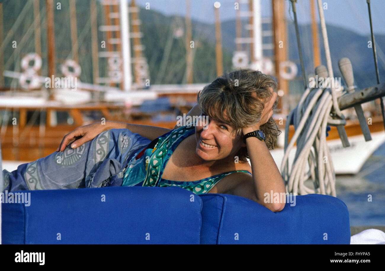 Catherine Ramberg relaxes aboard our Gulet The Ipek A - TURQUOISE COAST, TURKEY, MR Stock Photo