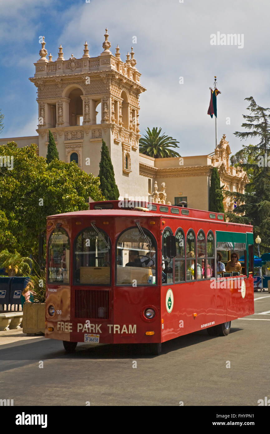 A bus transports people through  BALBOA PARK, SAN DIEGO, CALIFORNIA Stock Photo