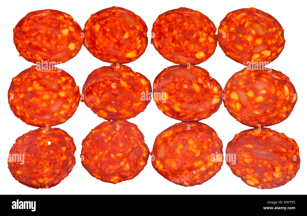 many slices of pepperoni sausage isolated on white background Stock