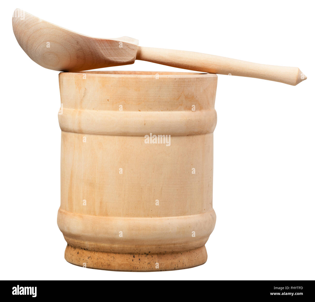 side view wooden mug and wood spoon isolated on white background Stock Photo