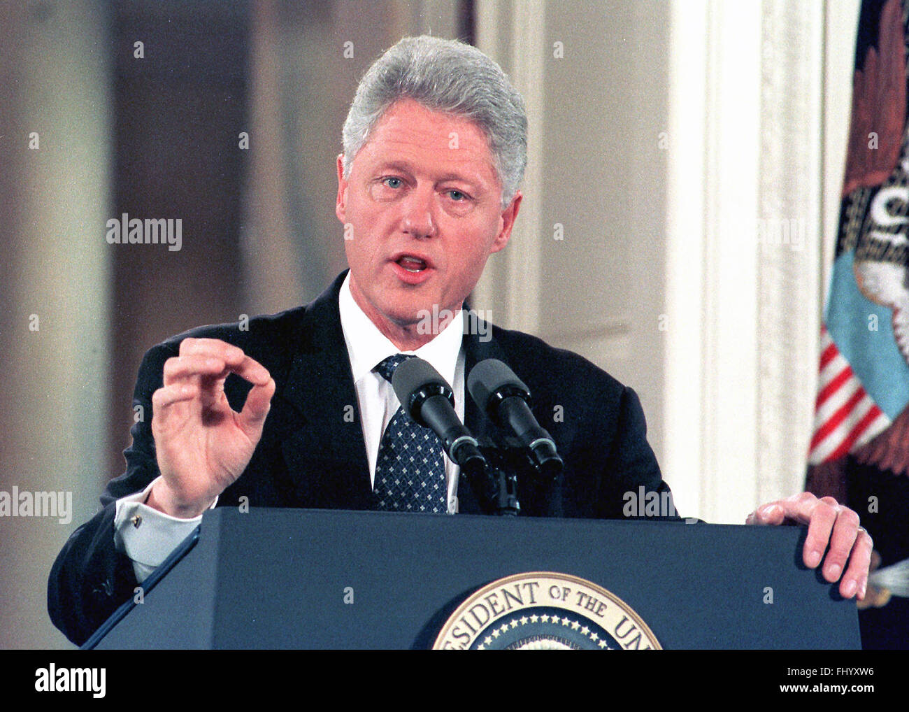 Washington, District of Columbia, USA. 14th Oct, 1999. United States President Bill Clinton makes a point during his press conference in the East Room of the White House in Washington, DC on 14 October, 1999. In his prepared remarks, the President slammed the US Senate Republican leadership for forcing a vote against the Comprehensive Nuclear-Test-Ban Treaty and for fostering ''a new isolationism.'' .Credit: Ron Sachs/CNP © Ron Sachs/CNP/ZUMA Wire/Alamy Live News Stock Photo