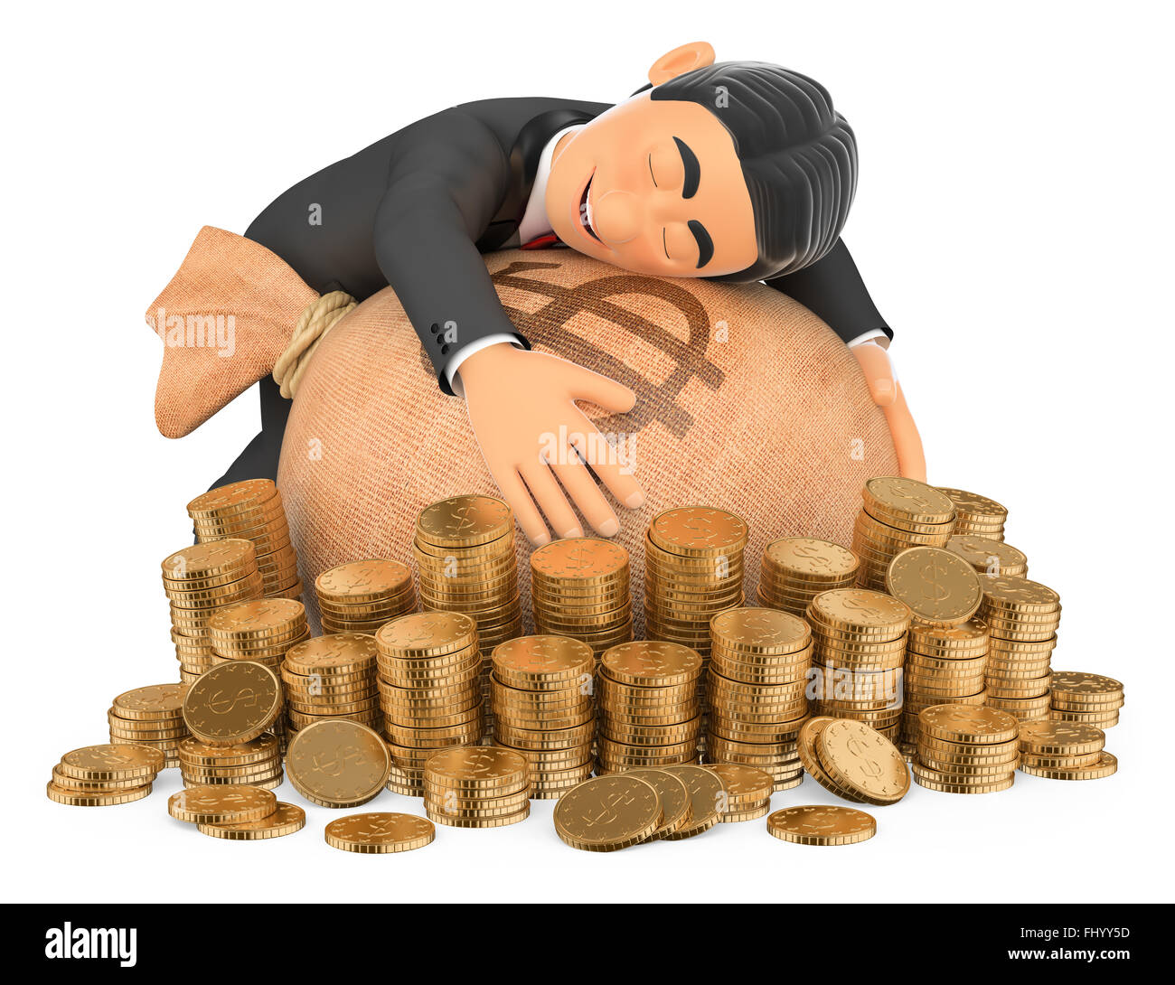 3d bow tie people. Tuxedo rich man hugging his money. Isolated white ...