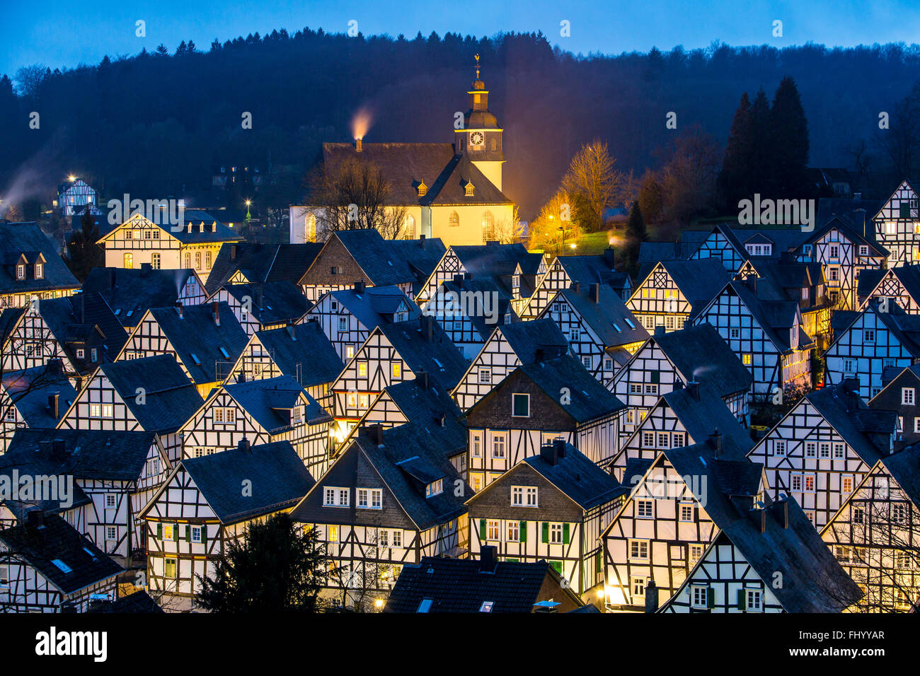 Historical old town, Tudor style houses, in Freudenberg, Germany, panoramic view of the city center, Stock Photo