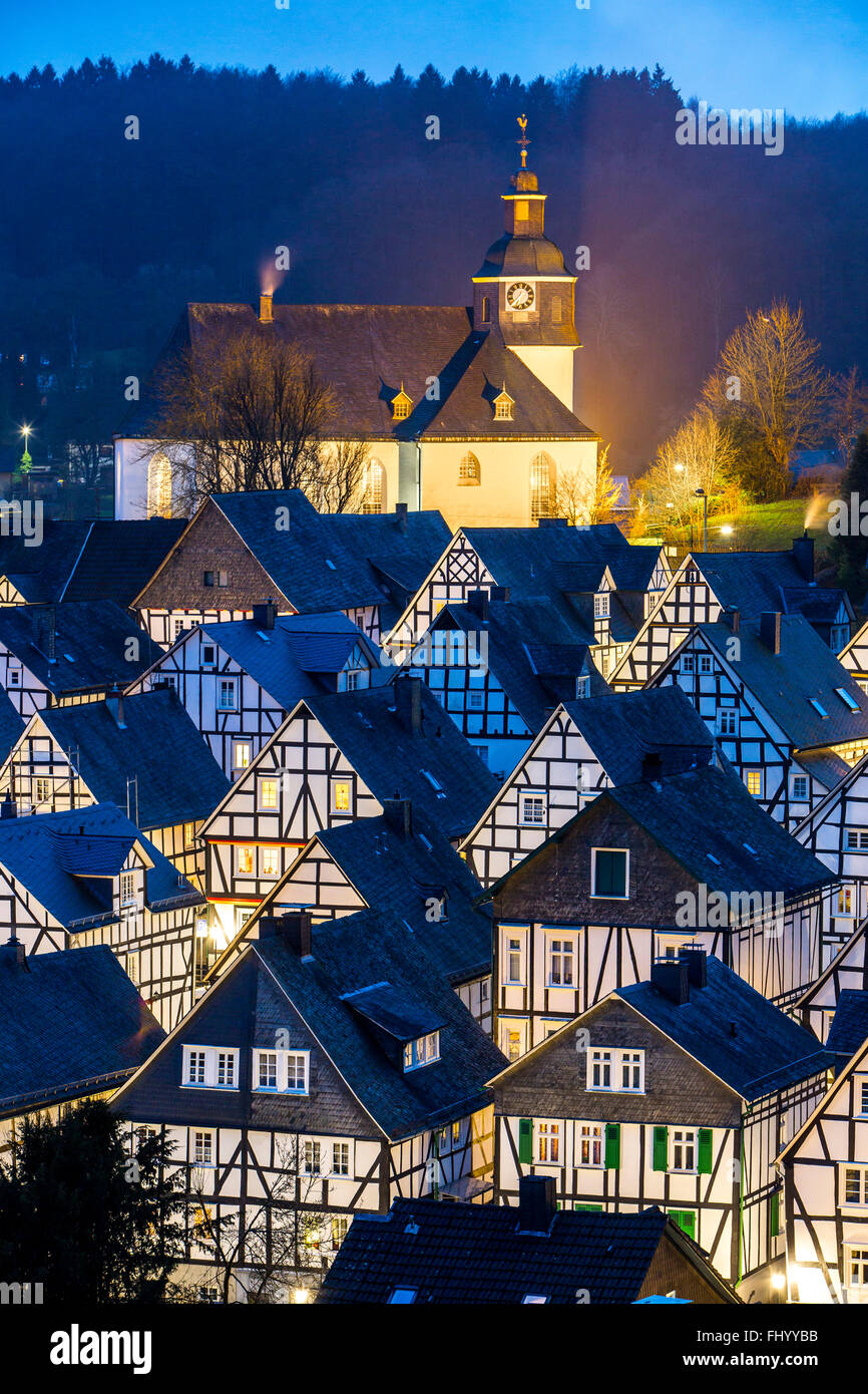 Historical old town, Tudor style houses, in Freudenberg, Germany, panoramic view of the city center, Stock Photo