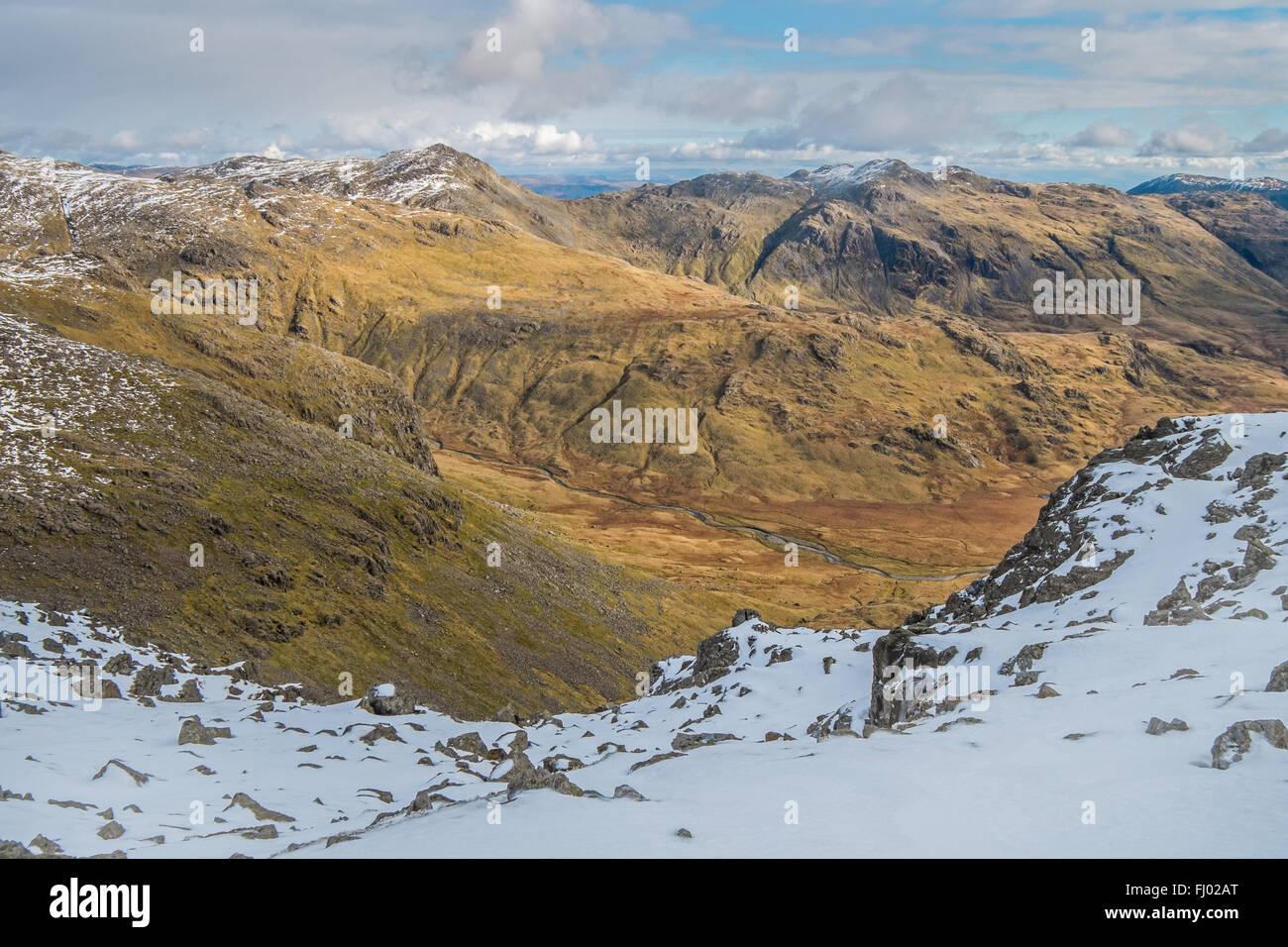 Winter View south east across Great Moss and The Upper Esk  from Scafell  in the English Lake District Stock Photo