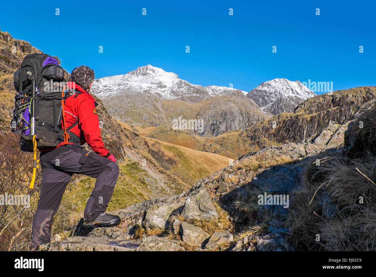 A mountaineer on the approach to Upper Eskdale and the Scafell range from Eskdale in the Lake District, Cumbria UK Stock Photo