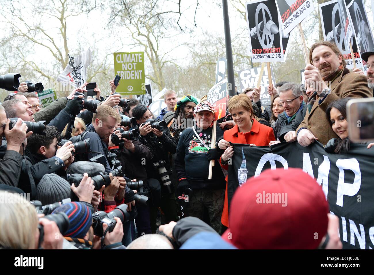 London, UK. 27th February 2016. Scottish first Minister, Nicola Sturgeon, arrives and is mobbed by press at Stop The War Coalition's anti-Trident march. Credit:  Marc Ward/Alamy Live News Stock Photo
