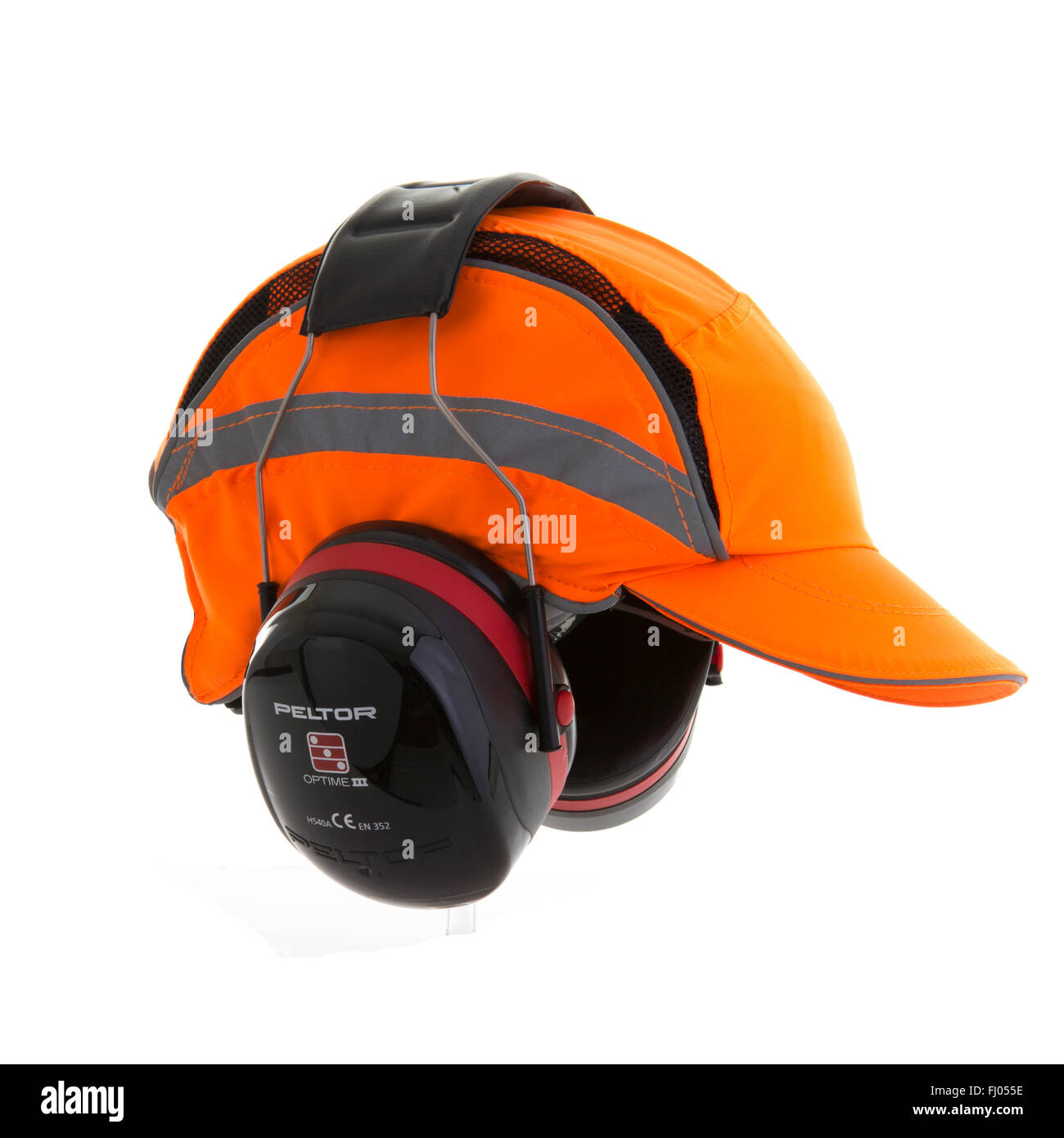 Orange Bump Cap Safety Hat with ear defenders on a White Background Stock Photo