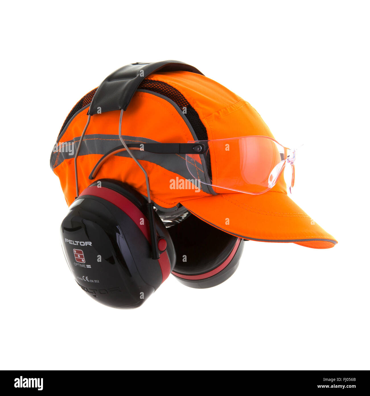 Orange Bump Cap Safety Hat with Ear Defenders and safety glasses on a White Background Stock Photo