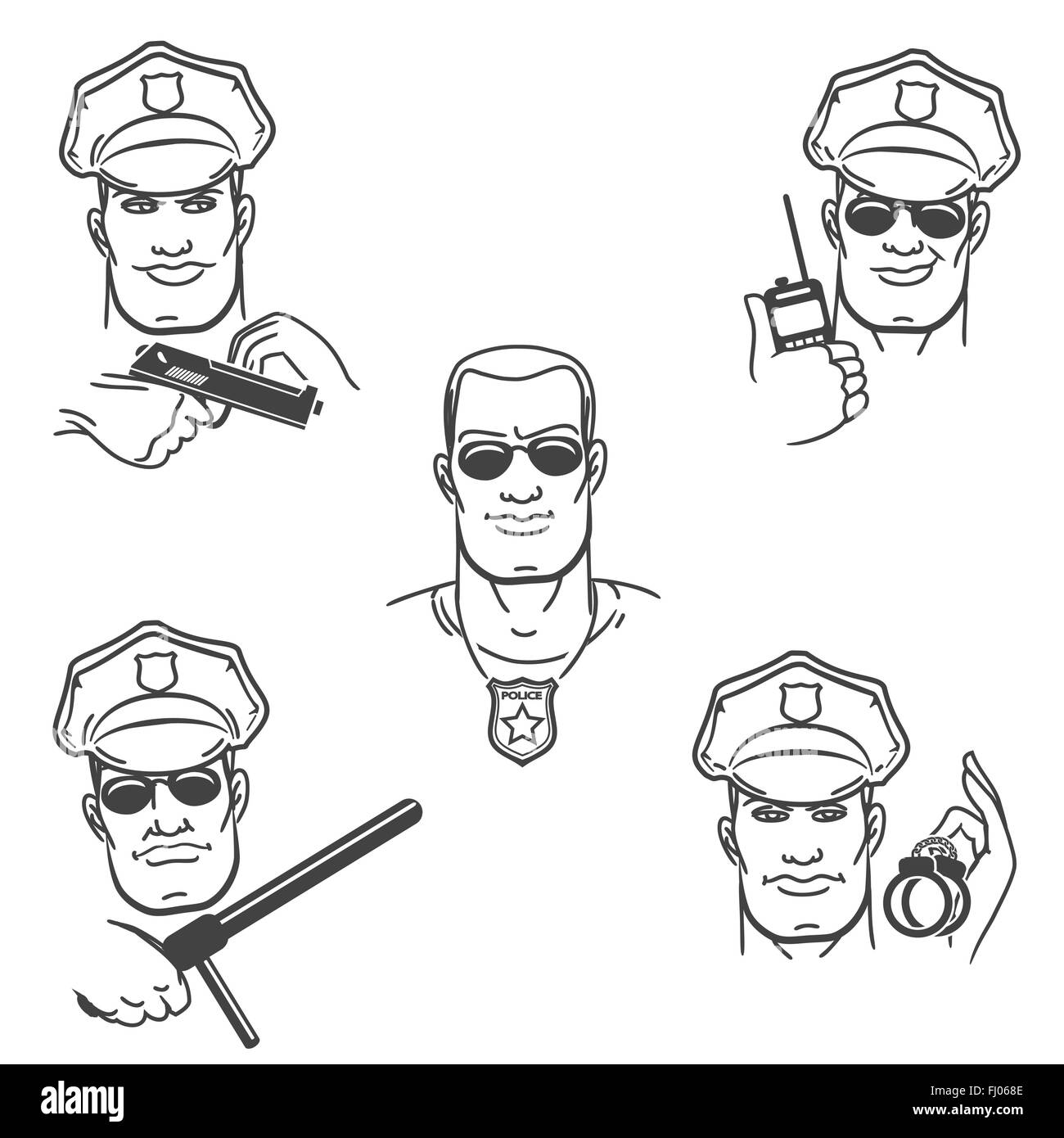 Police officer in various situations. Policemen face expression set drawn in thin line style. Stock Vector
