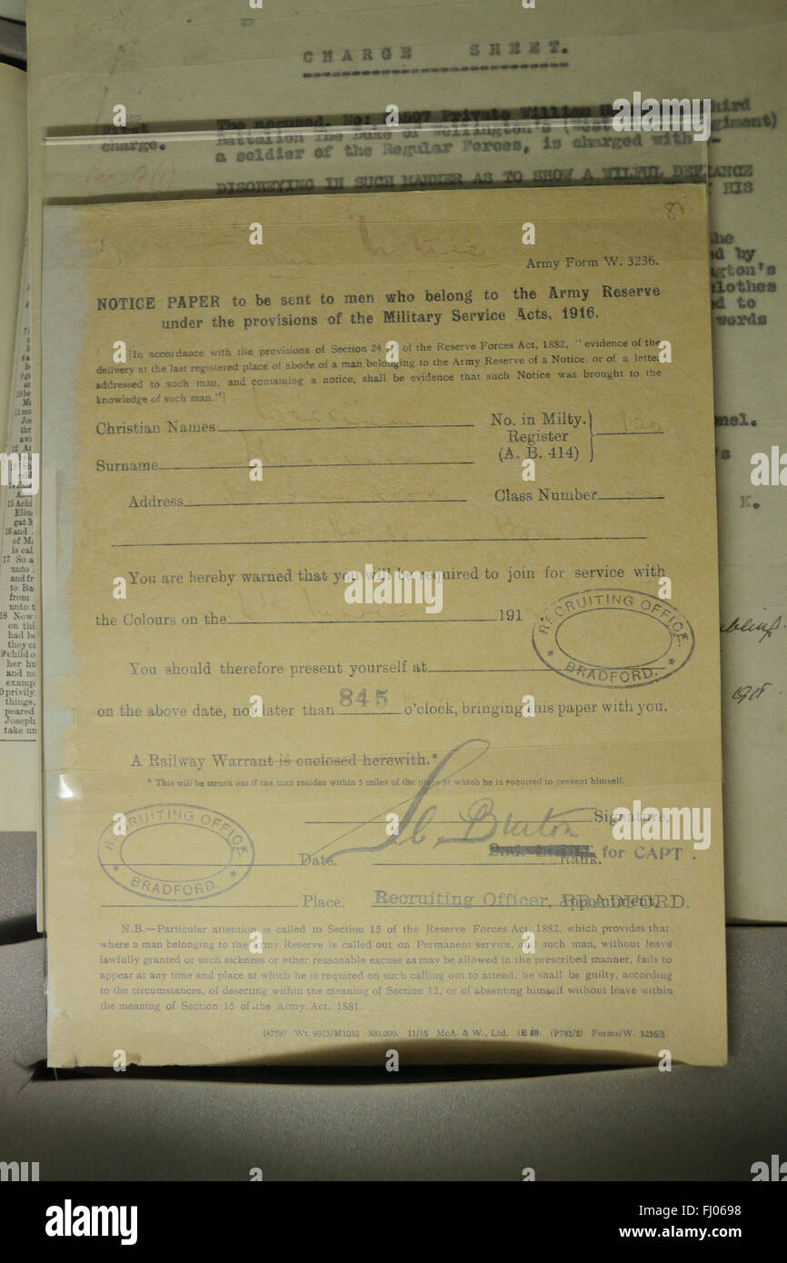 National Service letter from the First World War on display in the Imperial War Museum North, Salford Quays, Manchester, UK. Stock Photo