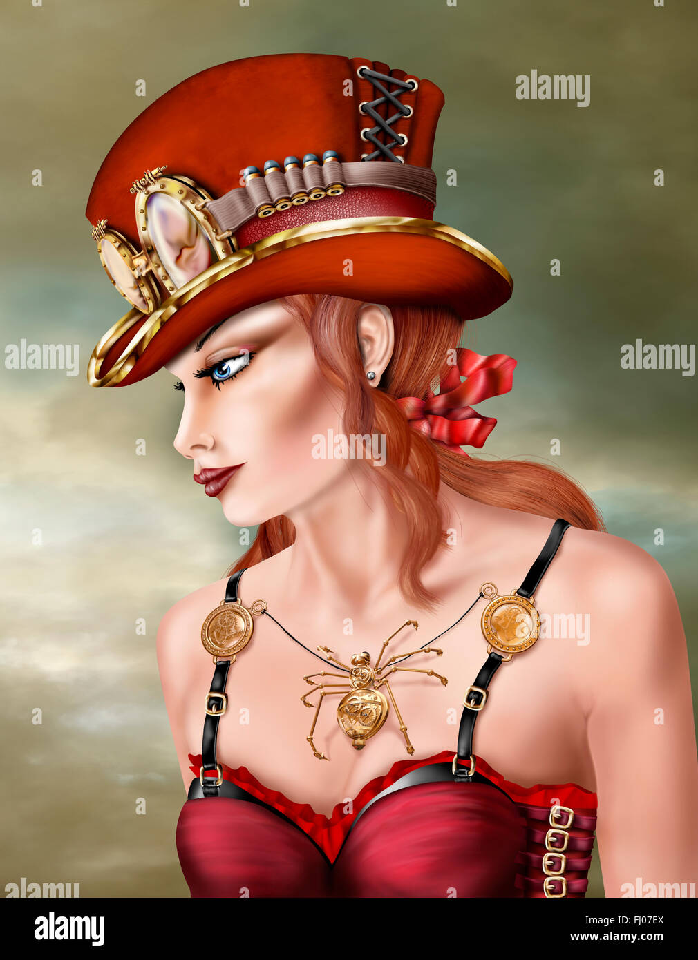 Steam punk woman wearing a red hat and dress with a brass spider Stock Photo