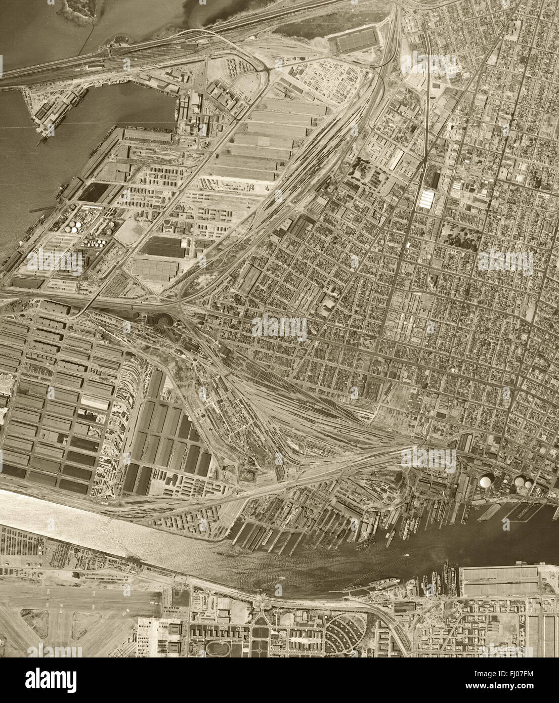 historical aerial photograph of the Port of Oakland, Oakland, California, 1946 Stock Photo