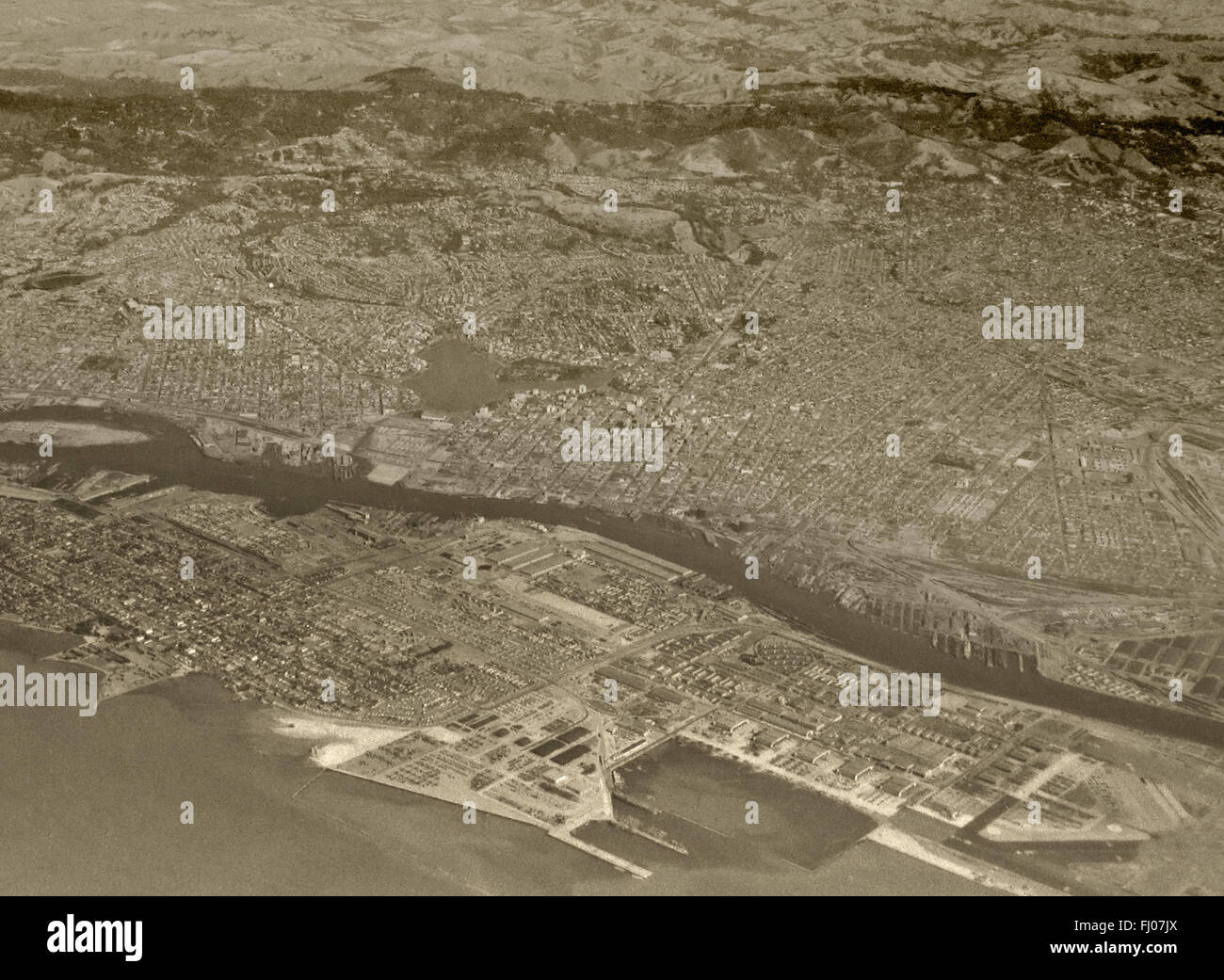 historical aerial photograph of Alameda and Oakland, California, 1938 Stock Photo