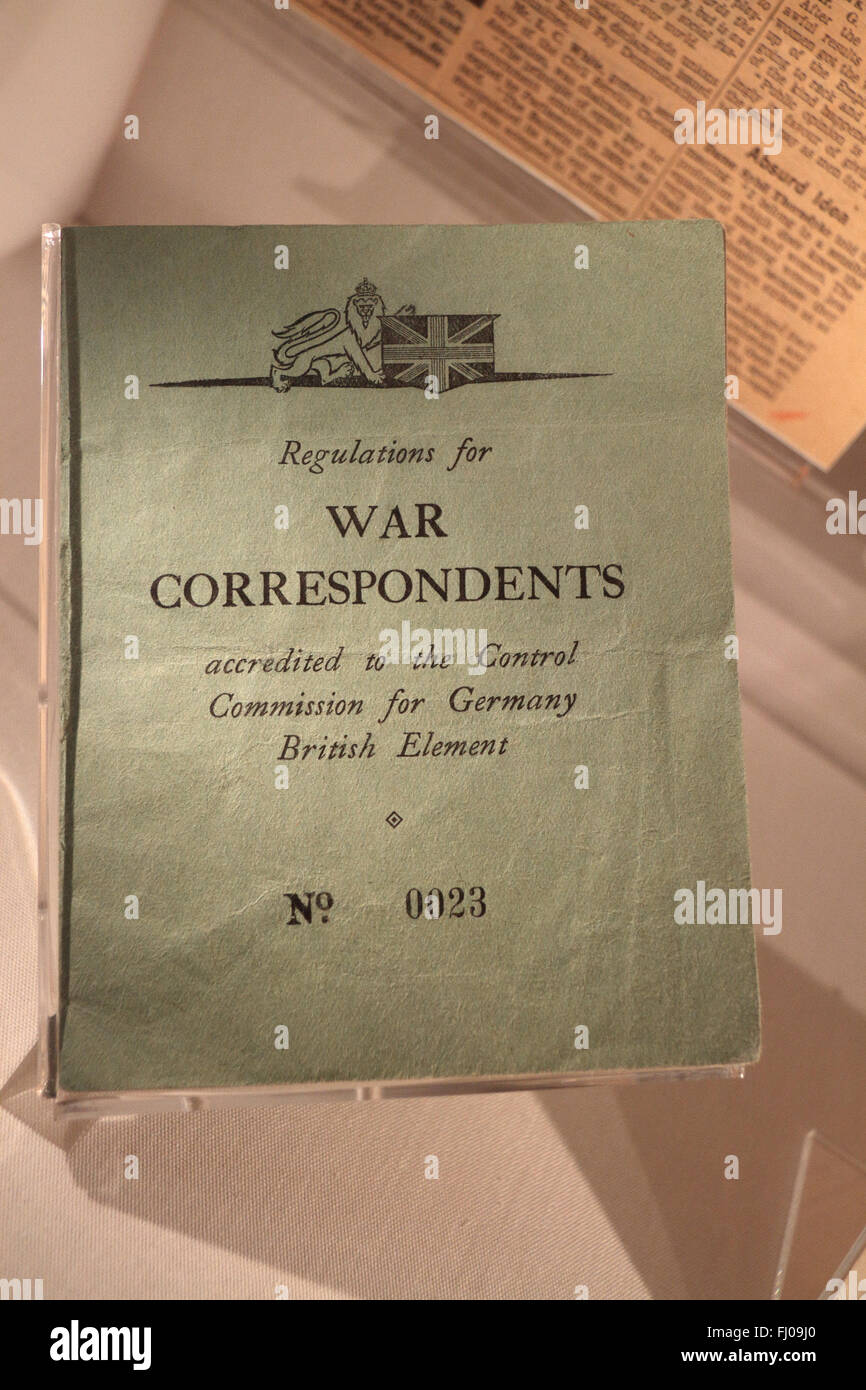 A British War Correspondents ID booklet on display in the Imperial War Museum North, Salford Quays, Manchester, UK. Stock Photo