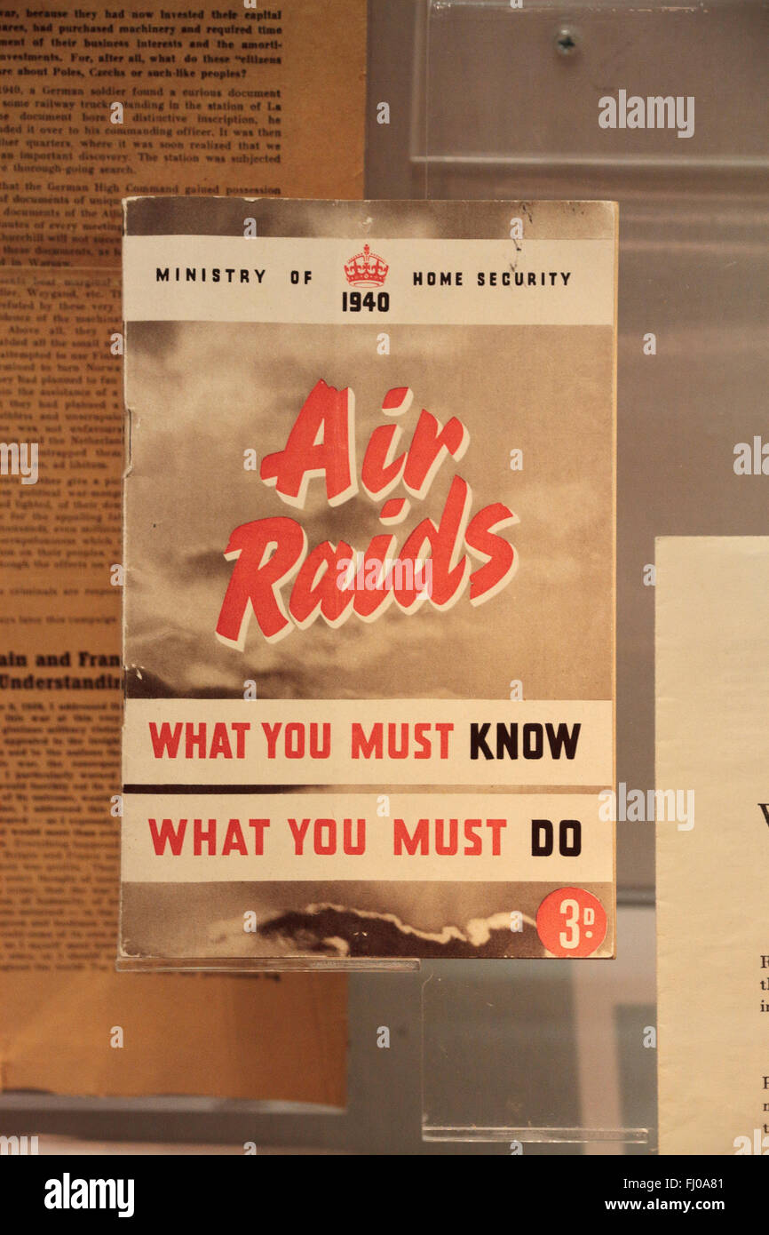 Government booklet "Air raids" on display in the Imperial War Museum North, Salford Quays, Manchester, UK. Stock Photo