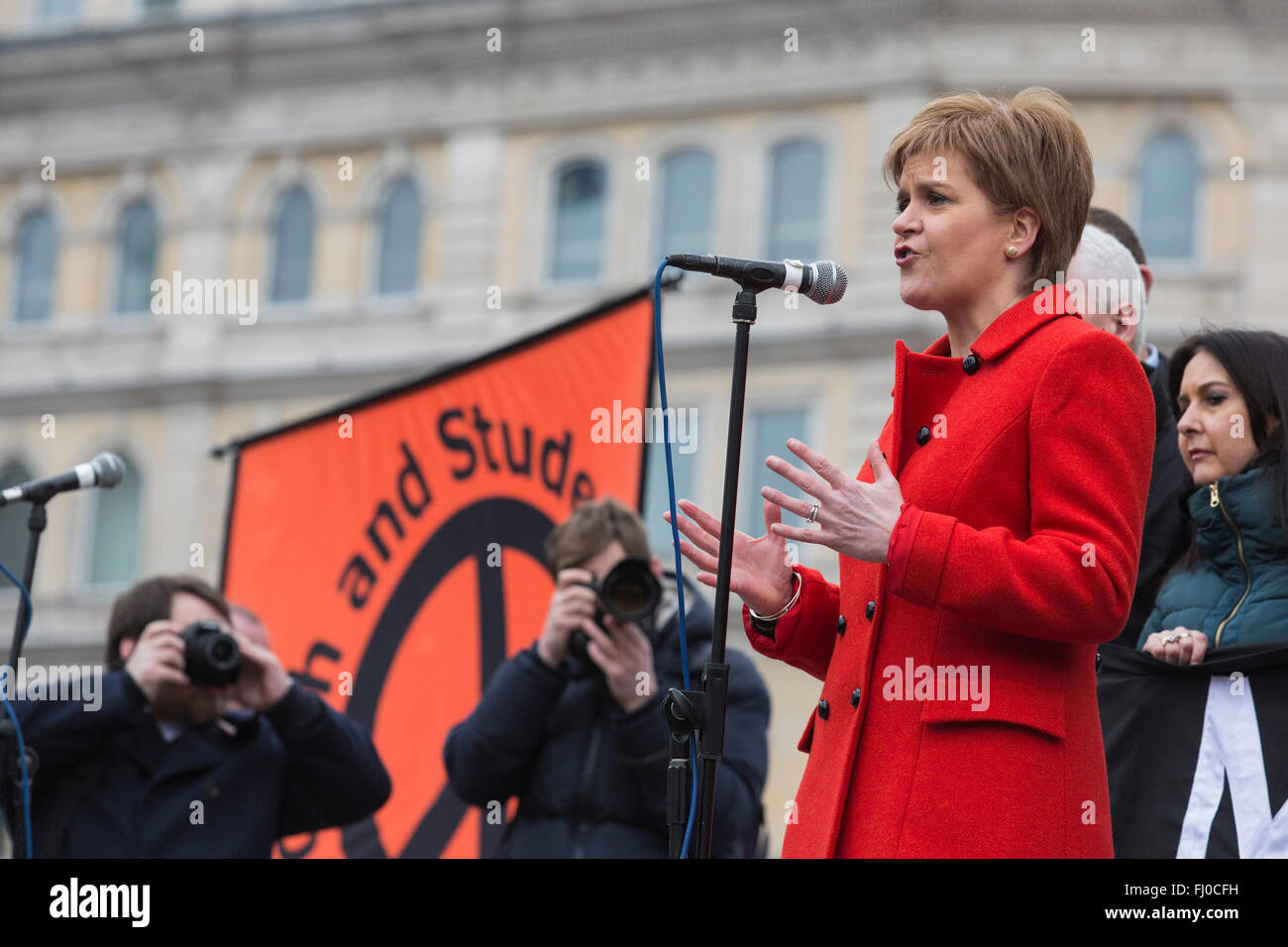 London, UK. 27 February 2016. Nicola Sturgeon, First Minister of Scotland, SNP, speaks at the rally.  Anti-Trident Rally in Trafalgar Square. Credit:  Vibrant Pictures/Alamy Live News Stock Photo