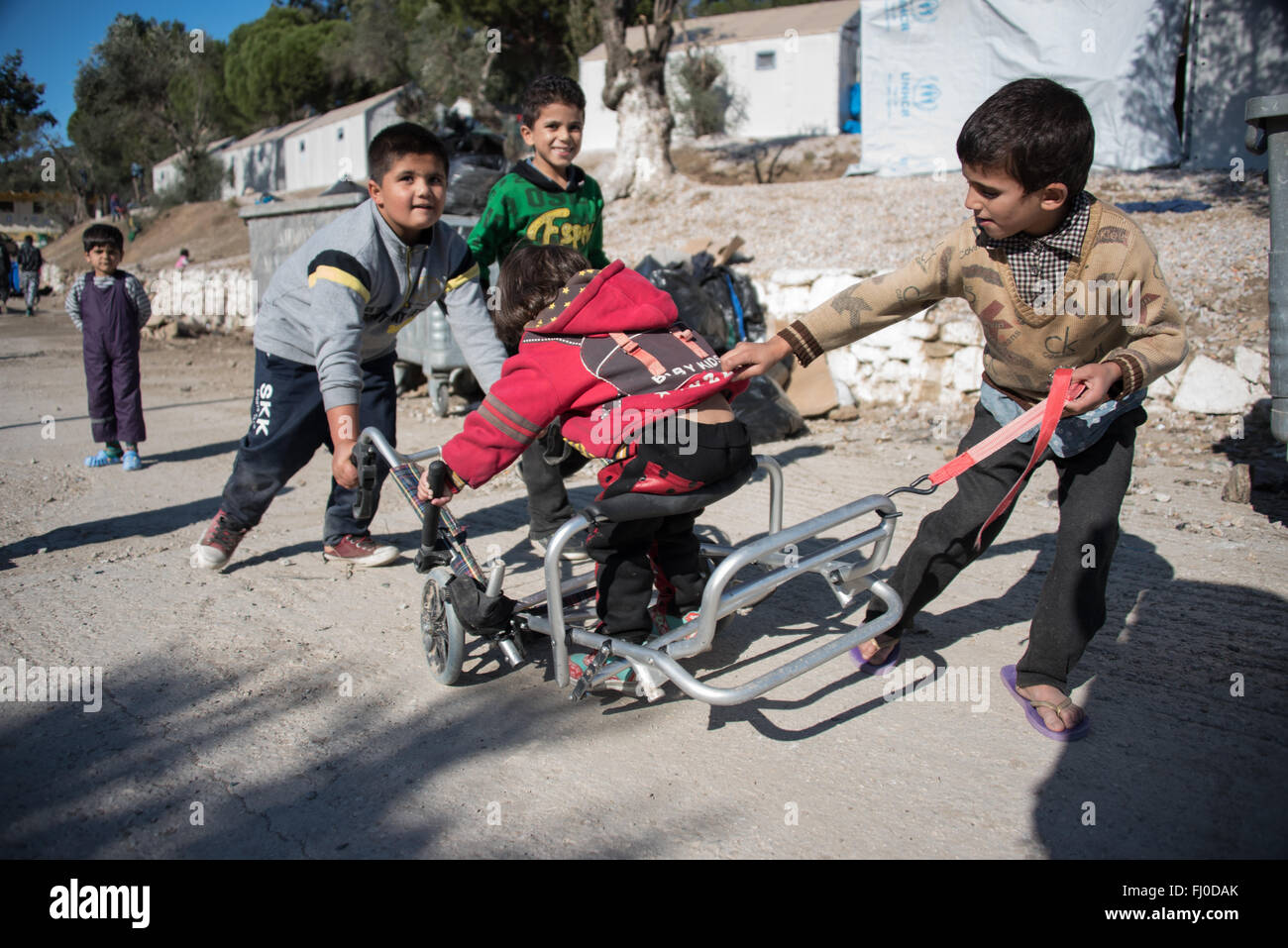 Refugees in Moria refugee camp in Lesbos, Greece. Stock Photo