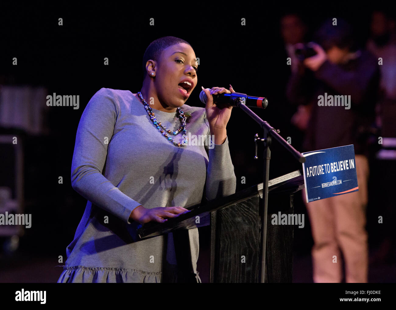 Columbia, South Carolina, USA. 26th Feb, 2016. Bernie Sanders' press secretary Symone D. Sanders speaks to the crowd of enthusiastic supporters during a rally at the Township Auditorium. Credit:  Crush Rush/Alamy Live News Stock Photo