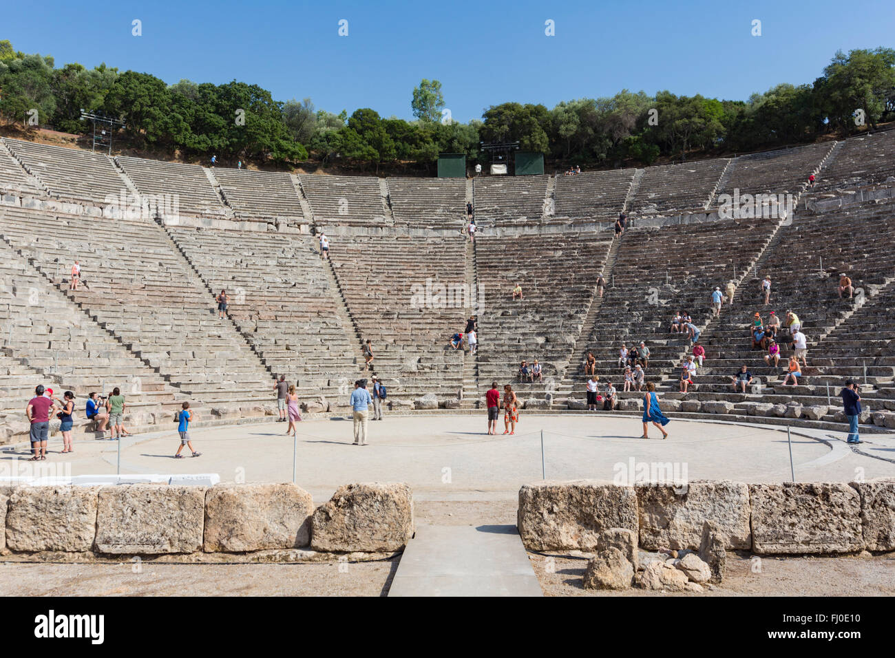 Epidaurus, Argolis, Peloponnese,  Greece.  The 4th century BC, 4,000 seat theatre, designed by Polykleitos the Younger. Stock Photo