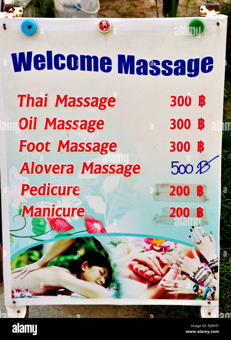 Patong City / Phuket, Thailand Signboard at Massage shows prices and offerings Stock