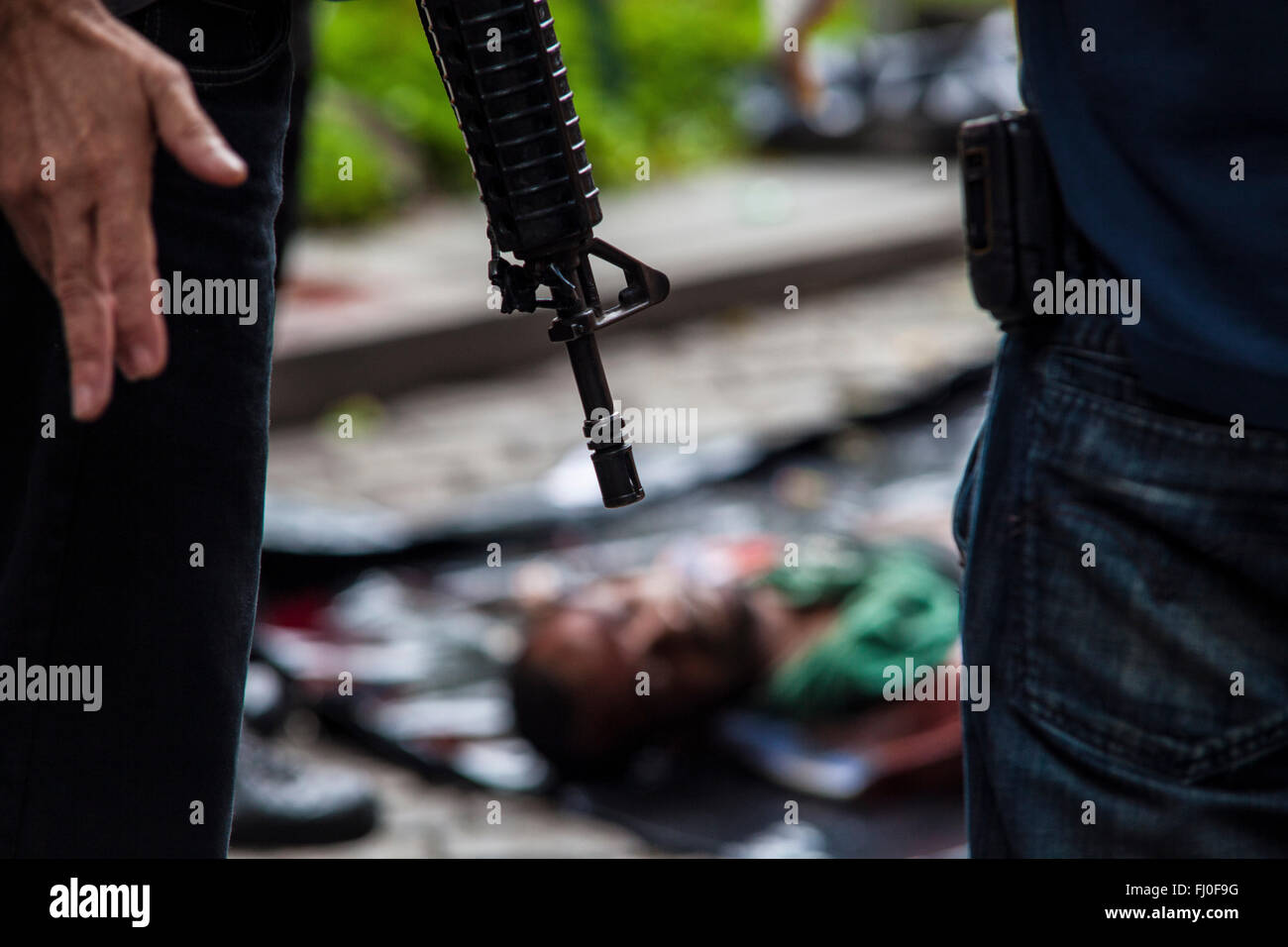 Homeless man murdered by policeman in Leblon, upper-class Rio neighborhood, Rio de Janeiro urban violence. Stock Photo