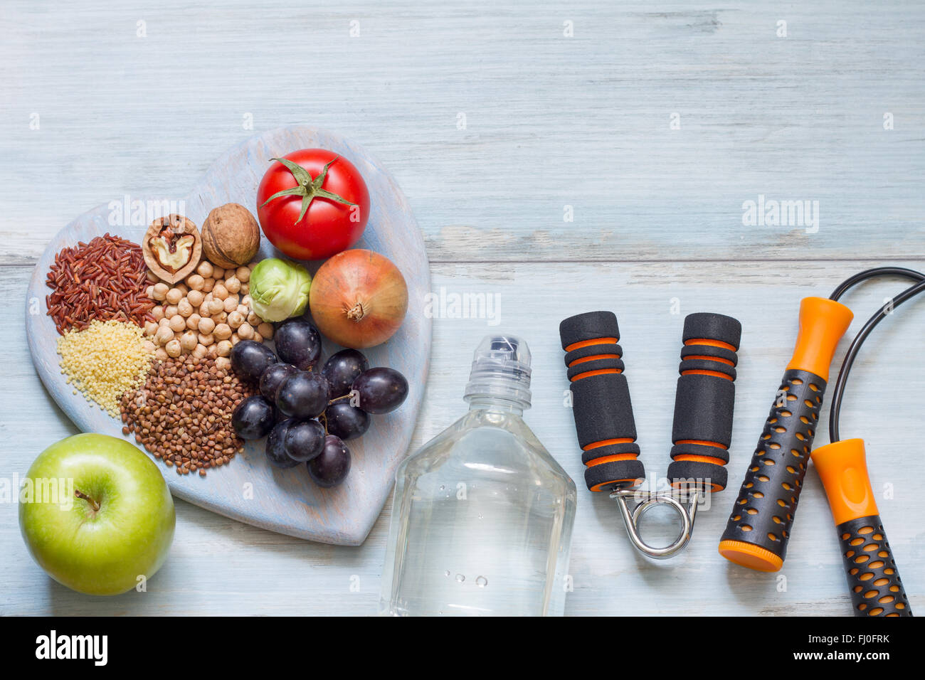 Healthy lifestyle concept with diet and fitness symbols Stock Photo