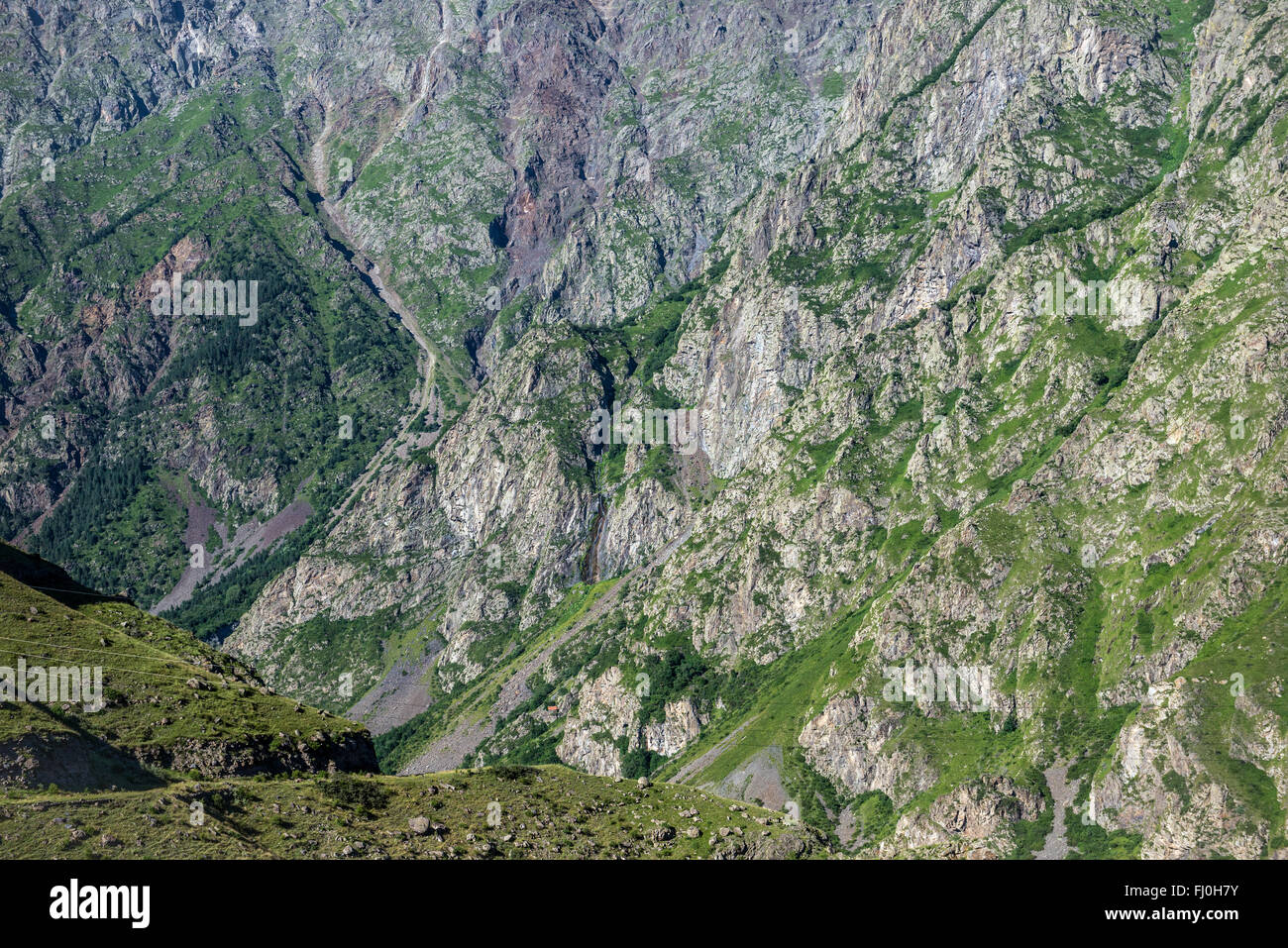 View from road alongshore of Terek River, from Stepantsminda town to Gveleti village, Caucasus Mountains, Georgia Stock Photo