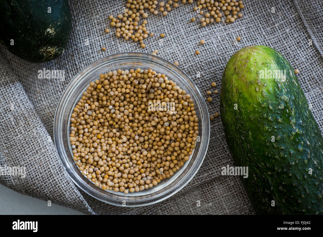 Mustard seeds and a cucumber. Ingredients for pickles Stock Photo
